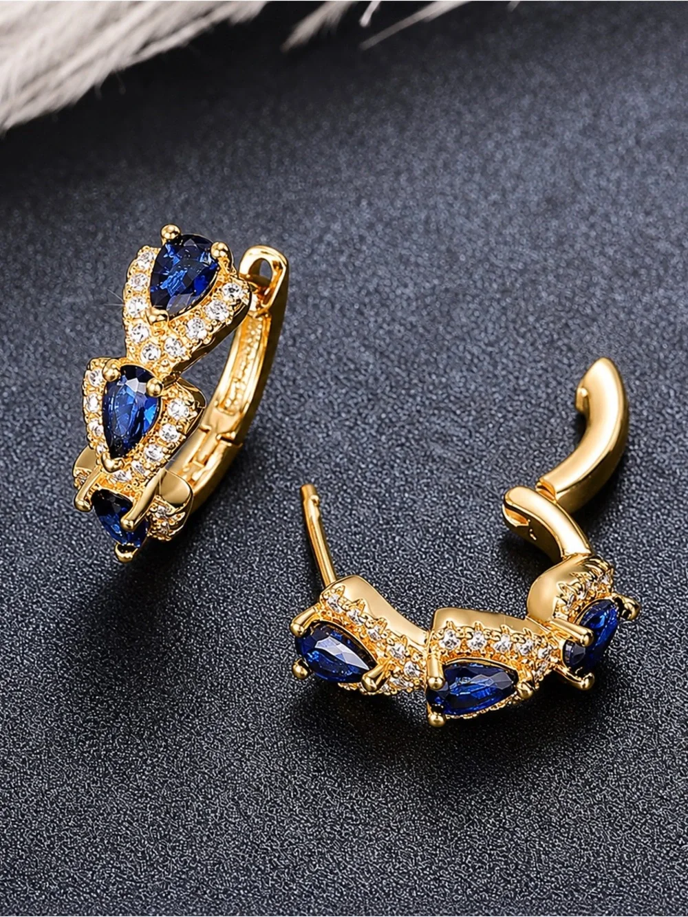 Macy’s Sapphire Simulant & Diamond Simulant Gold Tone Hoop Earrings NWOT